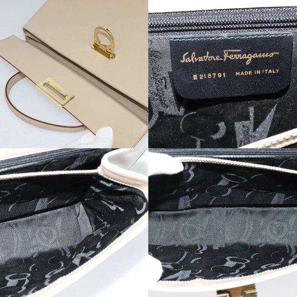 Salvatore Ferragamo Gancini Hand Bag Leather 2way Beige Gold Auth 125026 - Picture 16 of 16